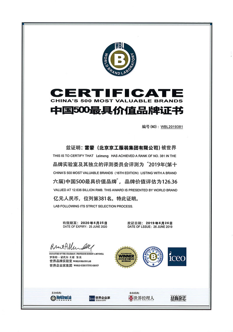 “雷蒙”品牌“中国500最具价值品牌证书”第381名2019