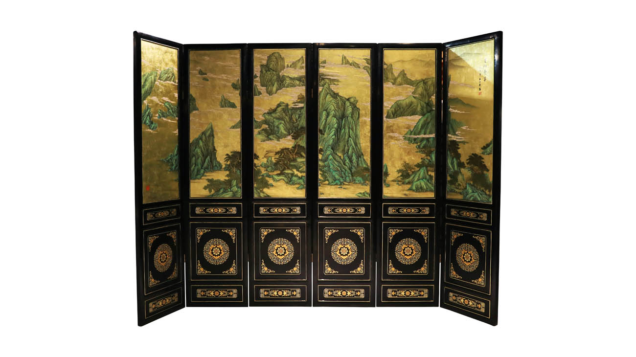金髹淡彩《重山叠翠》六扇屏风